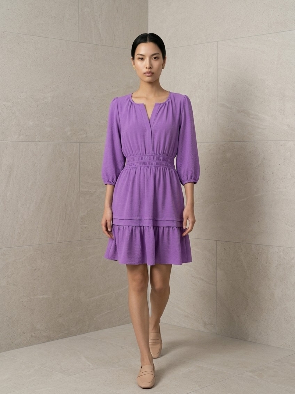 Nicole Miller Purple V-Neck Smocked Waist Mini Dress